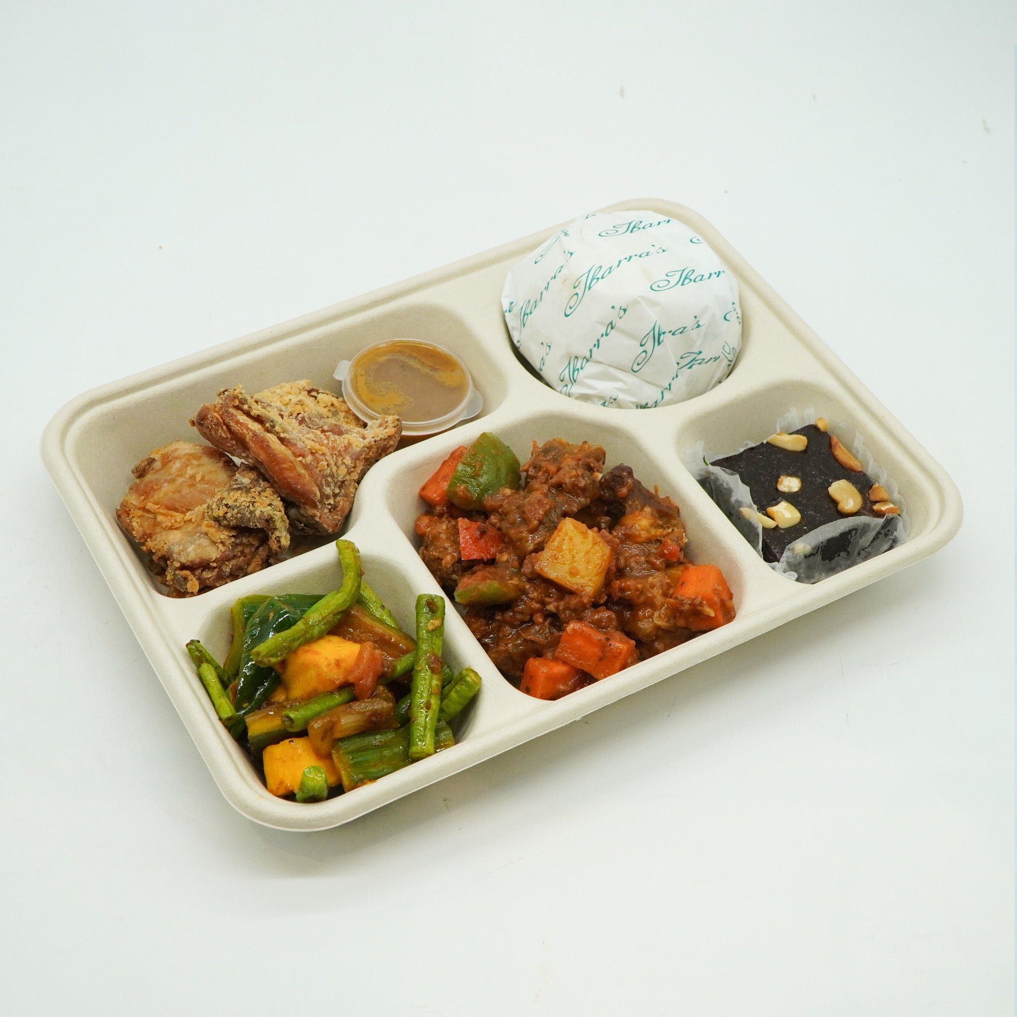 Beef Caldereta, Country Fried Chicken, Pinakbet and Fudge Brownie