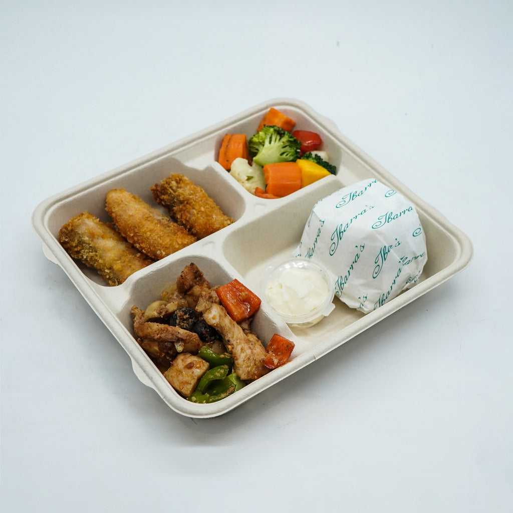 Chicken Salpicao, Fried Fish Fillet with Tartar Sauce and Roasted Veggie Rice