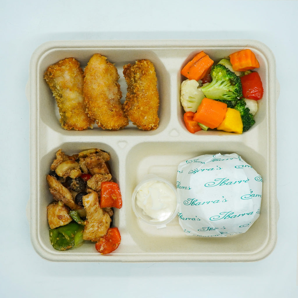 Chicken Salpicao, Fried Fish Fillet with Tartar Sauce and Roasted Veggie Rice