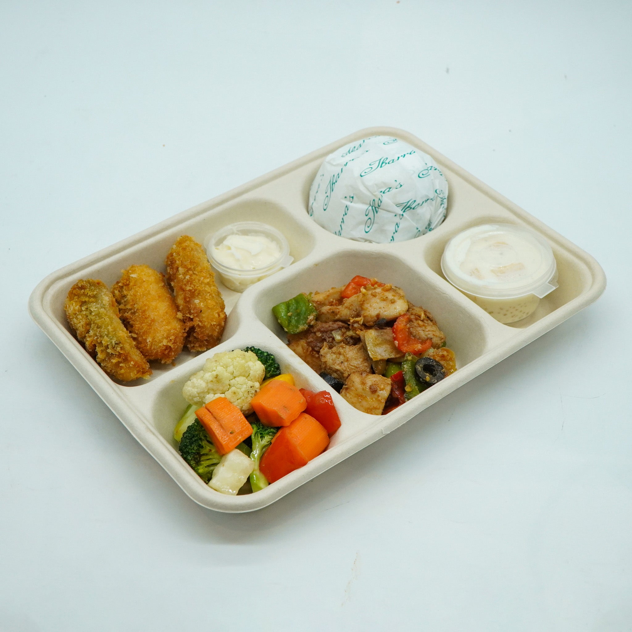 Chicken Salpicao, Fried Fish Fillet, Roasted Veggie and Mango Sago