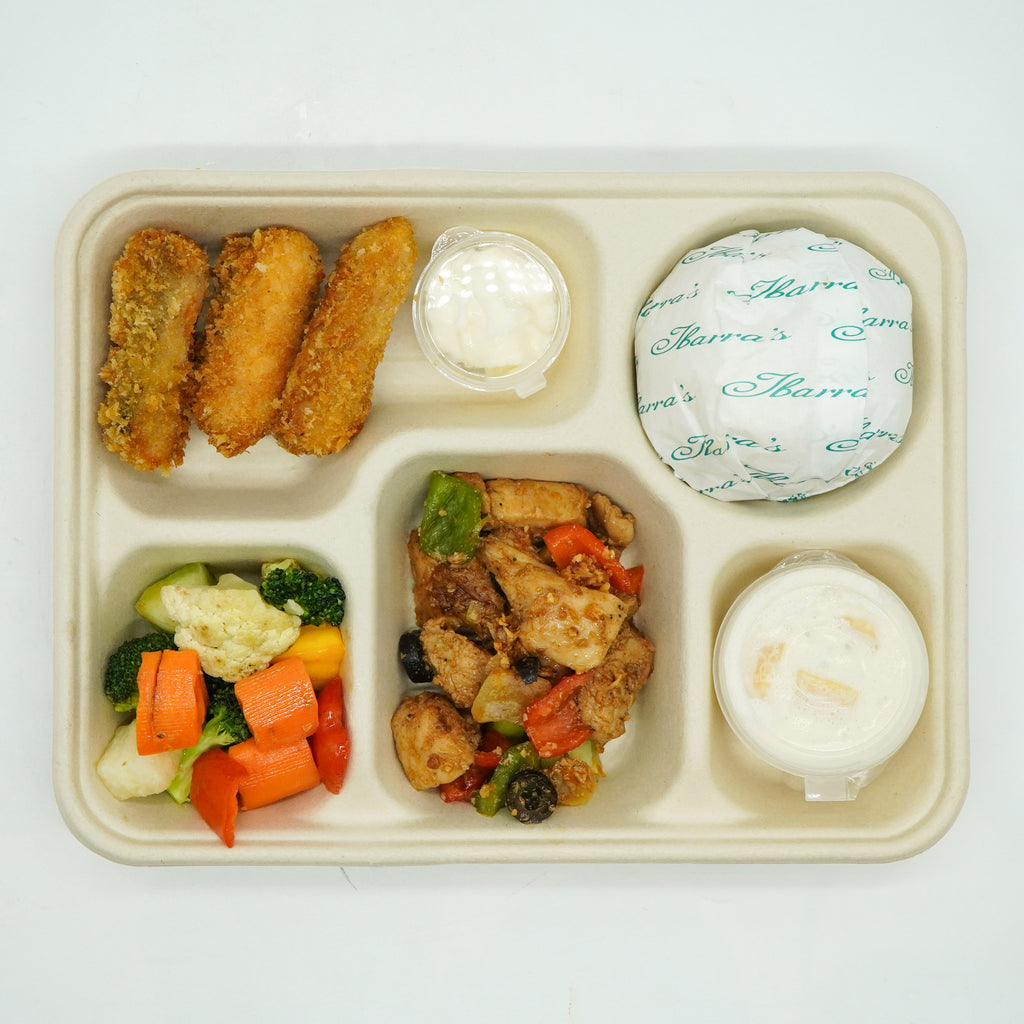 Chicken Salpicao, Fried Fish Fillet, Roasted Veggie and Mango Sago