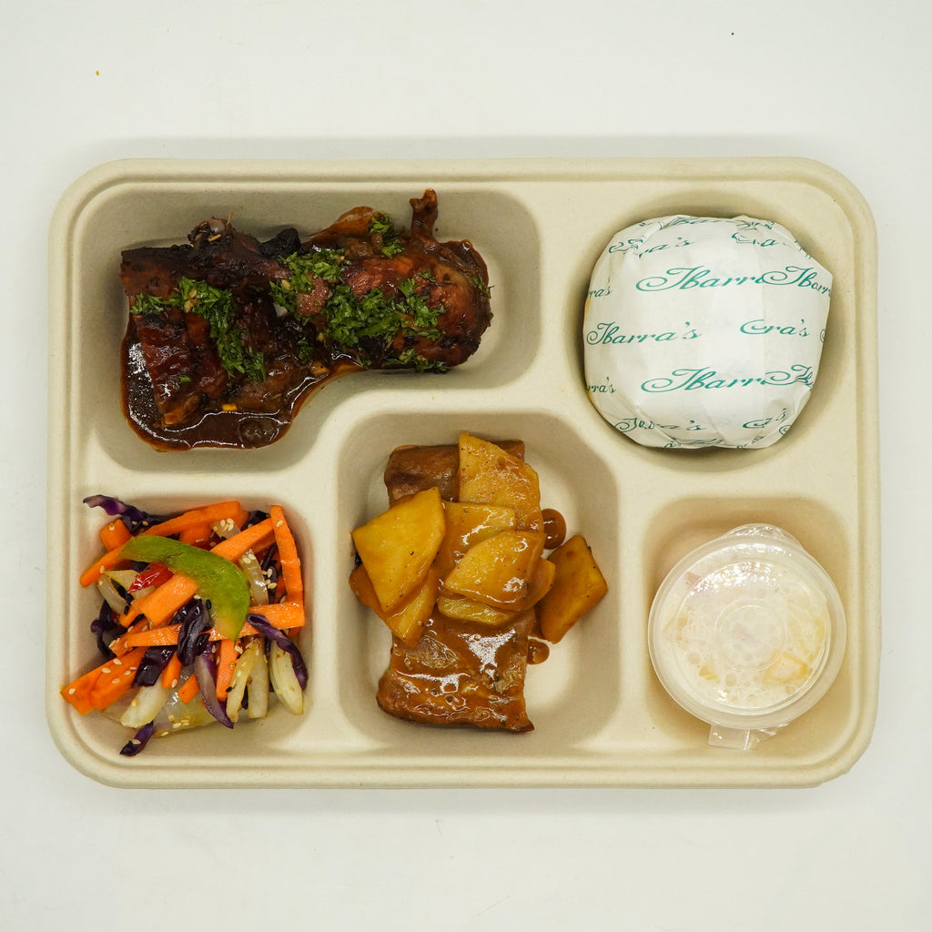 Chimichurri Chicken, Apple Glaze Pork Belly, Yasai Itame and Mango Sago