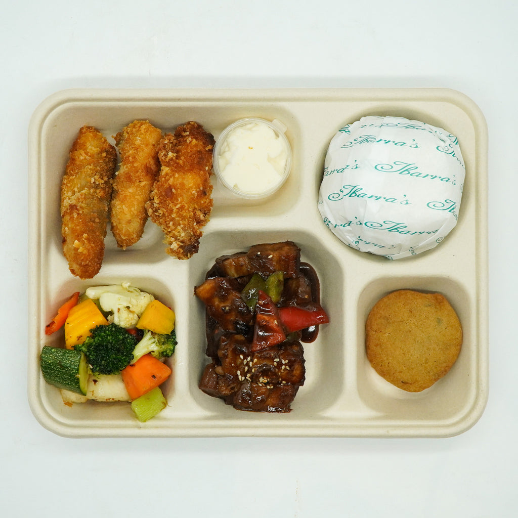 Fish Fillet w/ Tartar Sauce, Pork Bulgogi, Roasted Veggie, and Cookie