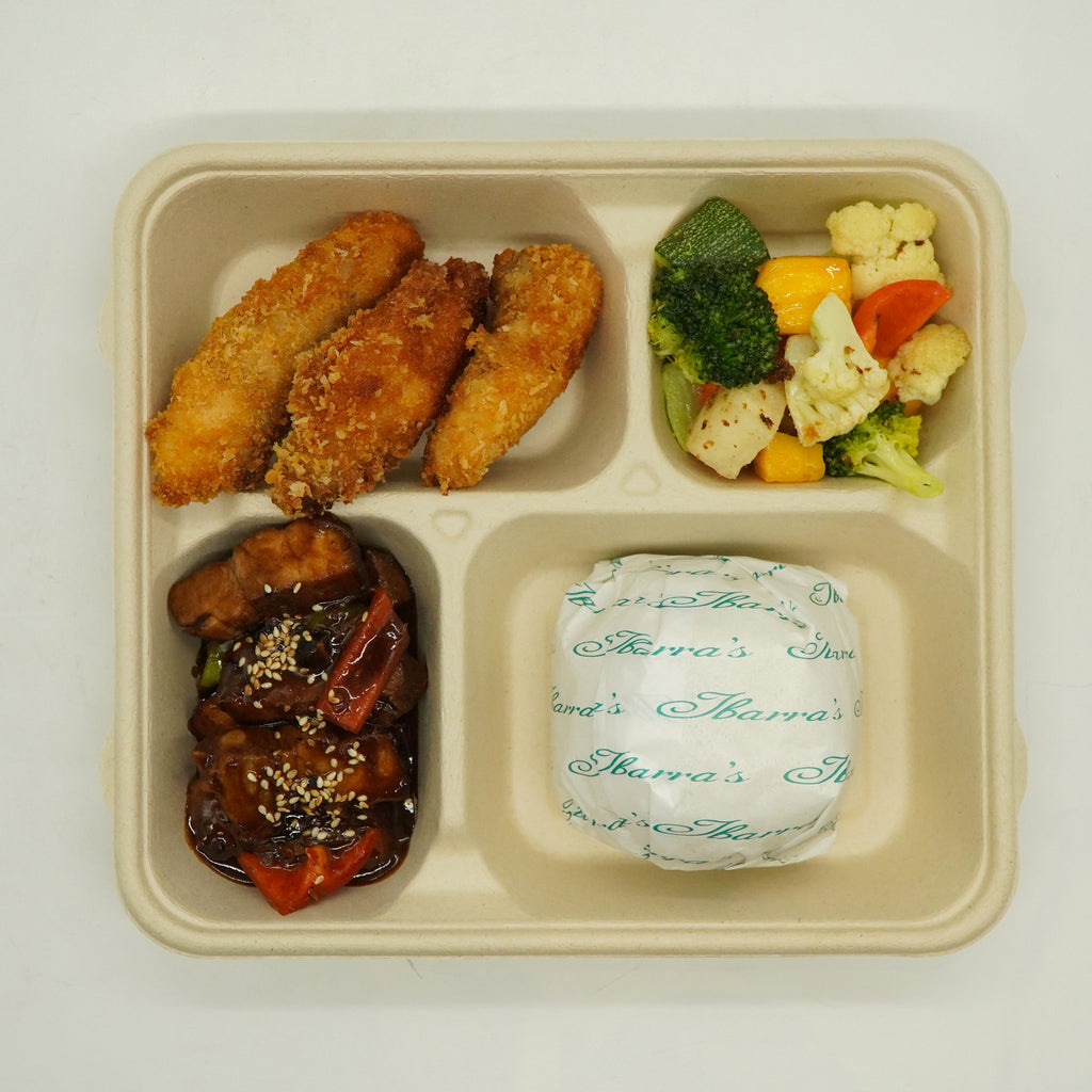 Fish Fillet w/ Tartar sauce, Pork Bulgogi and Roasted Veggie Rice