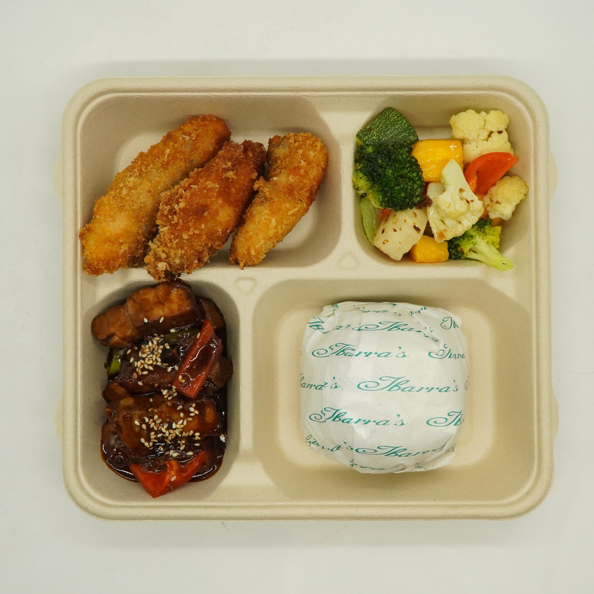 Fish Fillet w/ Tartar sauce, Pork Bulgogi and Roasted Veggie Rice
